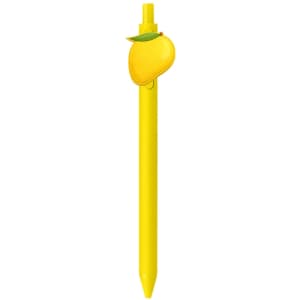 A bright yellow pen with a mango-shaped topper and a logo on the side.