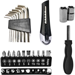 A set of silver and black tools including hex keys, a utility knife, sockets, a screwdriver, and various bits.
