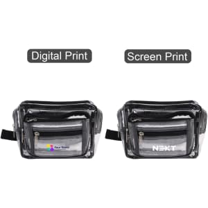 A multi-layer transparent waist bag in black, featuring two zippered compartments and a logo on each side.