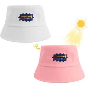 A colour changing bucket hat in white that changes to pink in sunlight, featuring a logo on the front.