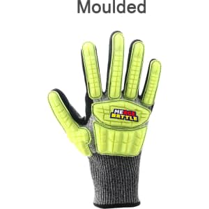 A pair of heavy-duty safety work gloves in bright yellow with textured grip and grey fabric. It has a logo.