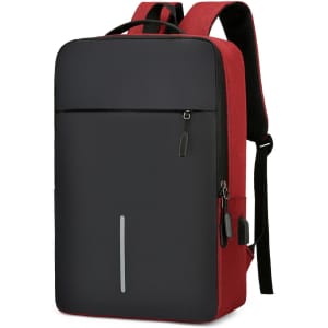 A laptop backpack featuring a sleek red and black design, equipped with USB charging and a logo.