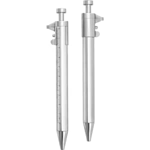 A silver caliper pen with a measurement scale and a retractable tip. It features a sleek, metallic design and has a logo.