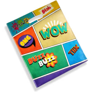 A colourful tote bag featuring comic-style graphics and a handle on top. It has a mix of vibrant hues and patterns.