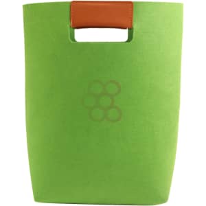 A green felt tote bag with a brown leather handle and a logo on the front.