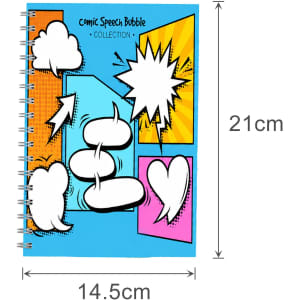 A5 full colour notebook with a comic speech bubble design, featuring blue, white, pink, and yellow elements.