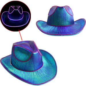 Light up cowboy hats in vibrant shades of blue and green, featuring illuminated edges and a glossy finish.
