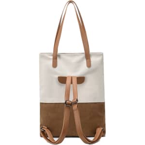 A beige and brown convertible canvas backpack with leather straps, featuring a simple design and a logo.