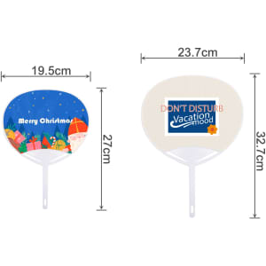 A promotional hand fan featuring a festive design with Santa and bright colours, alongside a plain side with a logo.