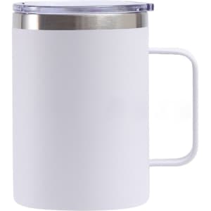 A stainless steel cup with a white exterior, clear lid, and handle, available in various sizes.