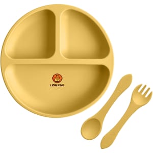 A yellow silicone kids suction plate with three sections, accompanied by a spoon and fork, featuring a logo.