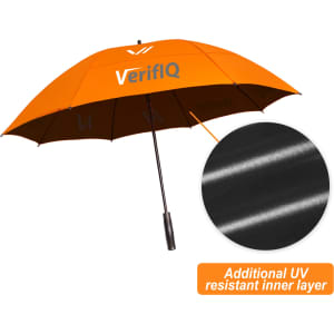 An orange sports umbrella with a black inner layer and a logo on the canopy.