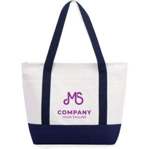 A large canvas tote bag in cream and navy, featuring a logo on the front and sturdy handles.