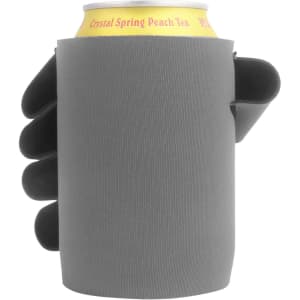A drink bottle is held by a grey stubby holder featuring a hand design. The holder has a logo on it.