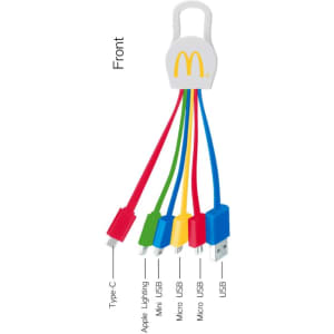 A 6-in-1 charging cable with red, blue, green, and yellow connectors for various devices, featuring a white branding logo.