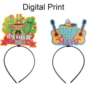 A vibrant headband featuring two colourful digital prints: a fiesta-themed cactus design and a Cinco de Mayo motif with guitars.