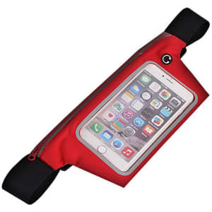 A red sports waist bag with a transparent front pocket for a phone, featuring adjustable straps and a logo.