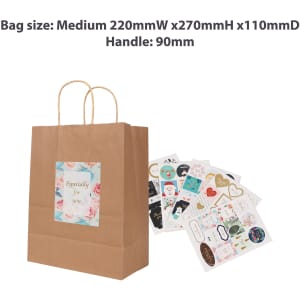 A medium-sized brown kraft paper bag with twisted handles, accompanied by decorative stickers.