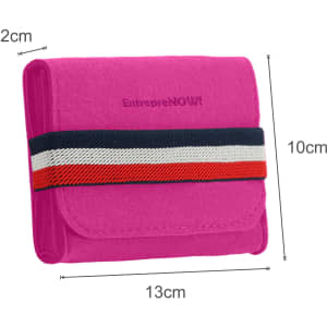 A pink felt travel organiser with a striped elastic band, featuring a compact design measuring 13cm by 10cm.