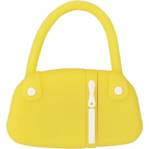 A yellow handbag-shaped flash drive with a white zipper detail and a solid handle. It has a logo on the front.