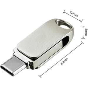 A silver Type-C flash drive with a retractable connector and a keyring hole for easy attachment.