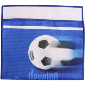 A blue sports towel featuring a soccer ball design, with a white terry cloth backing. It includes a logo.