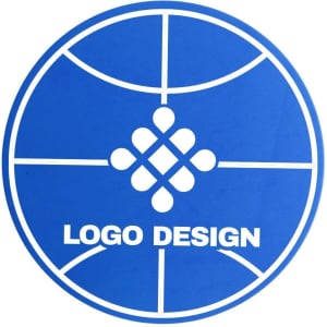 A blue circular promotional product with a logo design resembling a basketball court layout.