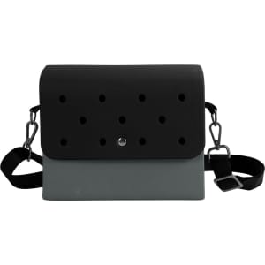 A briefcase in black and grey with a perforated front, featuring an adjustable strap and a button closure.