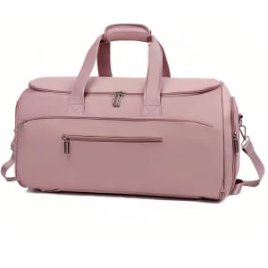 A pink convertible backpack duffel garment bag with two handles, a detachable strap, and a front zip pocket.