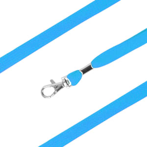 A blue bootlace lanyard with a silver clasp and a padded grip section. It features a smooth, woven texture.