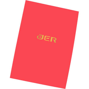 A4 presentation folder in a vibrant coral colour with a logo in the top left corner.