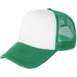 A green and white trucker cap featuring a mesh back and a solid front panel.