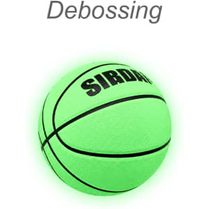 A glowing green basketball with black accents and a branded logo, featuring a textured surface.