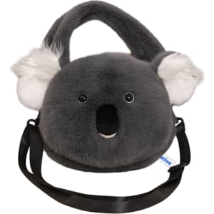 A grey plush handbag shaped like a koala, featuring ears and a smiling face, with a black shoulder strap.