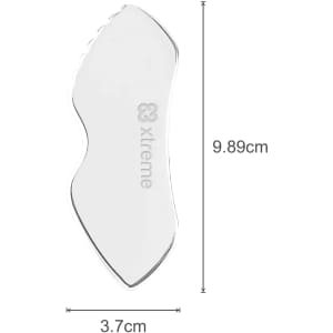 A customised Gua Sha board in clear plastic, featuring a smooth design with a logo, measuring 9.89 cm by 3.7 cm.
