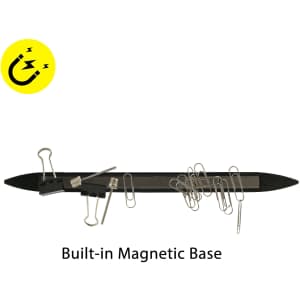 A magnetic torpedo level with a black body, featuring a built-in magnetic base and several paperclips attached.
