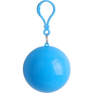 A blue ball-shaped item with a clip, designed as a rain poncho holder, featuring a smooth, shiny surface.
