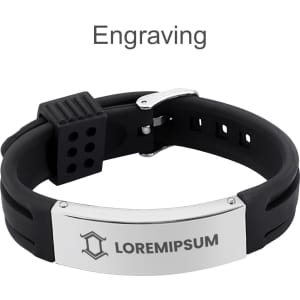 A metal strap bracelet with a silver metal plate and a black rubber band, featuring an engraved design.