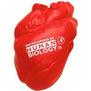A red heart-shaped stress reliever, designed as a fun keyring, featuring a logo.