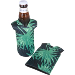 A drink bottle cooler featuring a tropical green leaf design, with a matching cooler sleeve beside it.