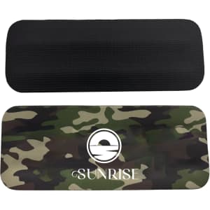 A drink holder in camouflage design with a textured black upper part and a logo on the front.