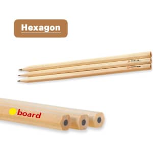 Three grey-lead hexagon pencils with natural wooden finish; features a logo on one pencil.