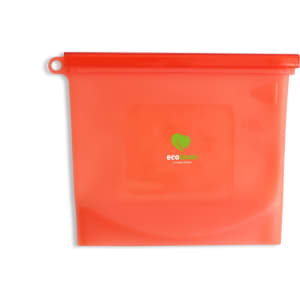 A silicone reusable storage pouch in vibrant orange, featuring a loop for easy handling and a logo on the front.