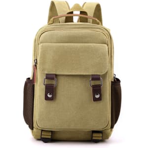 A khaki canvas sling backpack with brown accents, featuring multiple pockets and straps, includes a branding logo.