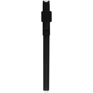 A black pen with a clip and a rounded tip, featuring a logo on its body.