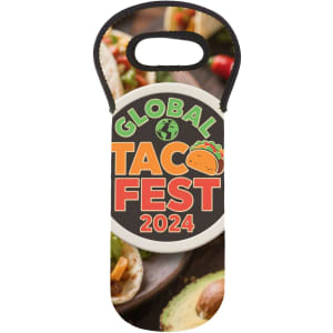 A drink bottle cooler featuring a colourful taco-themed design with a logo and a handle for easy carrying.