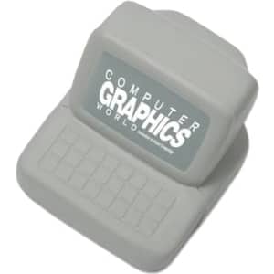 A grey computer-shaped stress reliever with a keyboard design and a logo on the screen area.