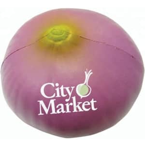 A purple onion-shaped stress reliever featuring a green top and a logo. Ideal for stress relief and fun.