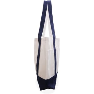 A small canvas tote bag featuring a cream body and navy blue straps and base, with a logo on one side.