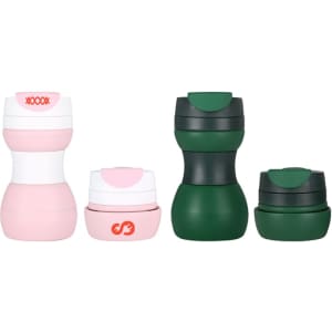 A drink bottle collection featuring a pink and white collapsible silicone coffee cup, and green and black variants. Includes logos.